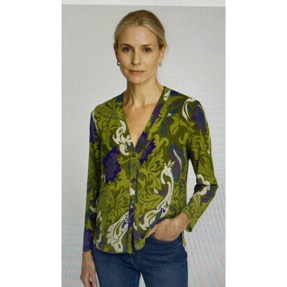 Chico's 3 chicos Green Floral Chiffon Sheer V Neck 100% silk Blouse xl career - Picture 1 of 8